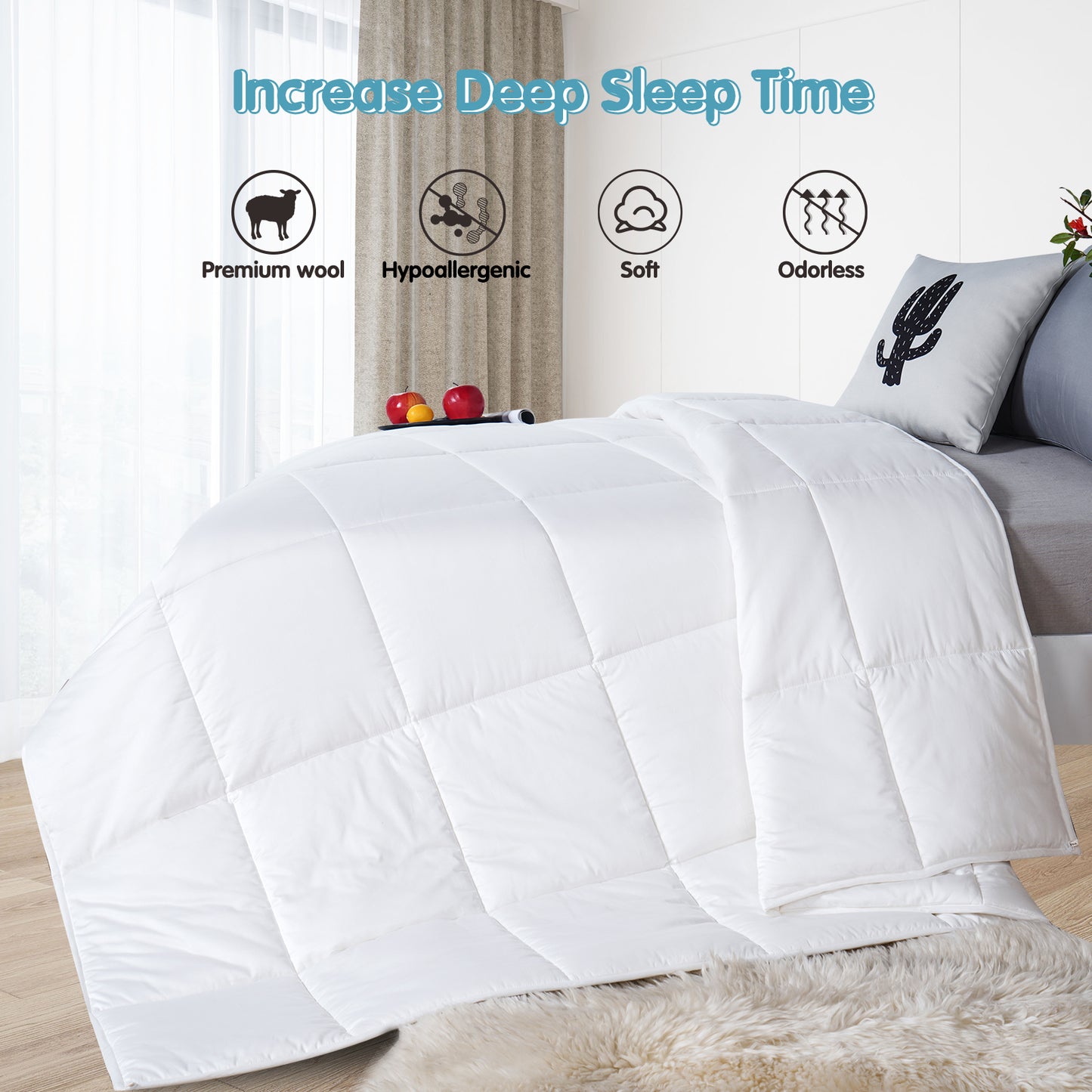 YOUR MOON Luxurious All Season Wool Comforter Queen Size 100% Natural Australian Wool Duvet, Hypoallergenic Premium Wool Filled Comforter, Noiseless Cotton Cover, Medium Weight