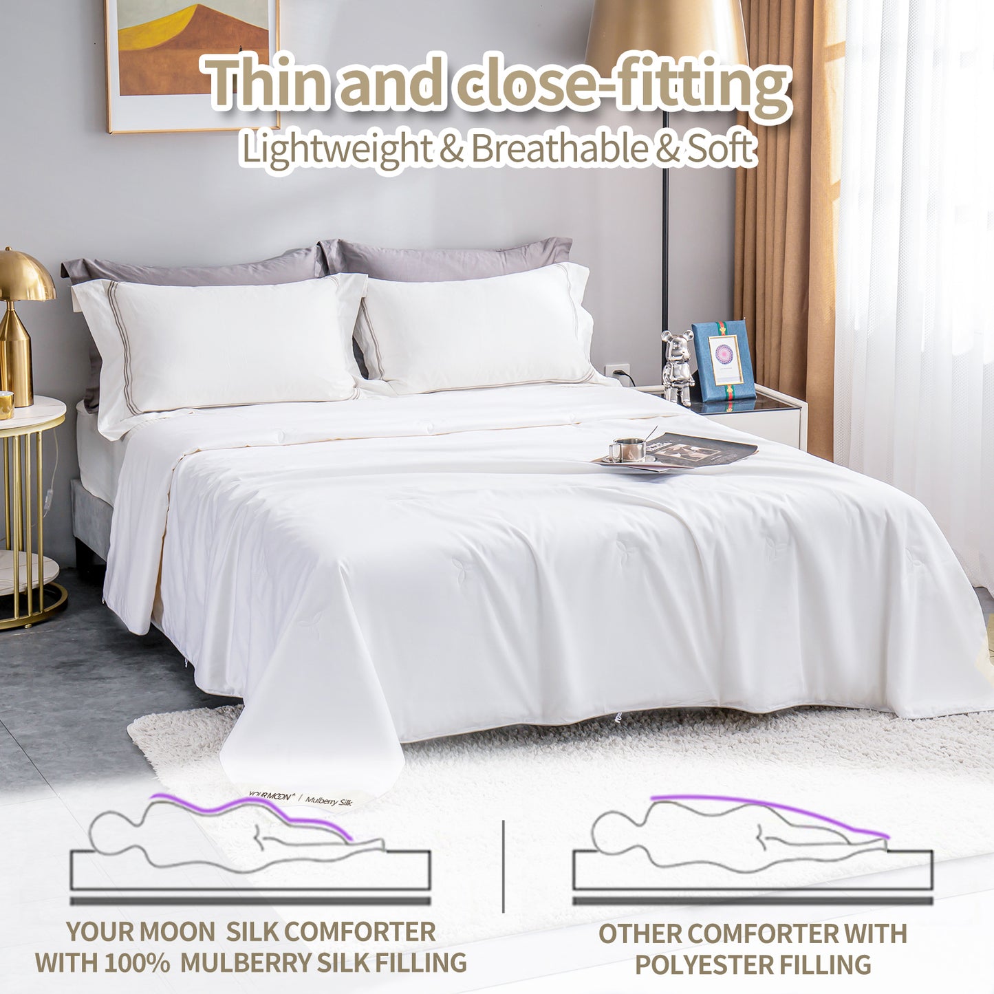 YOUR MOON Luxurious Summer/Spring Lightweight Mulberry Silk Comforter, 100% Natural Long Strand Silk Fill Duvet Blankets, Luxury Silk Bedding Summer, Noiseless Cotton Shell