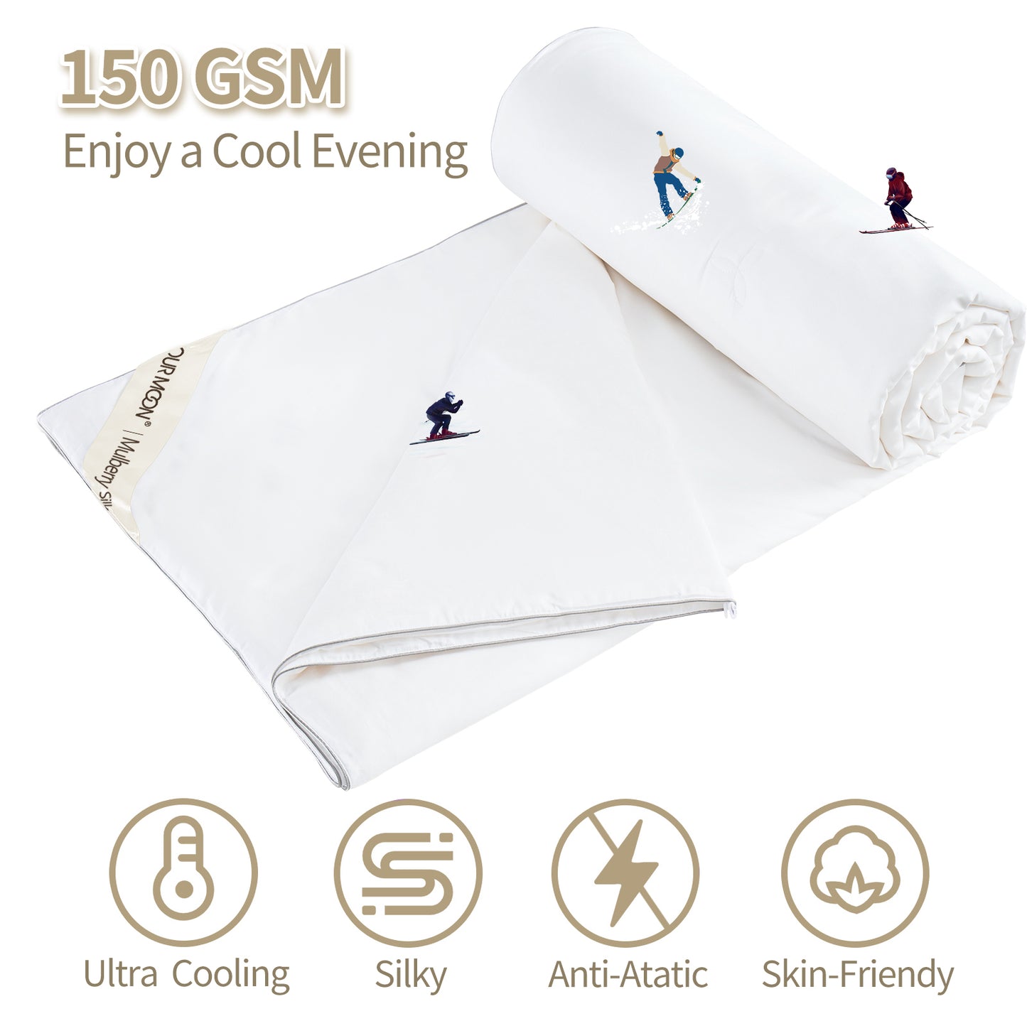 YOUR MOON Luxurious Summer/Spring Lightweight Mulberry Silk Comforter, 100% Natural Long Strand Silk Fill Duvet Blankets, Luxury Silk Bedding Summer, Noiseless Cotton Shell