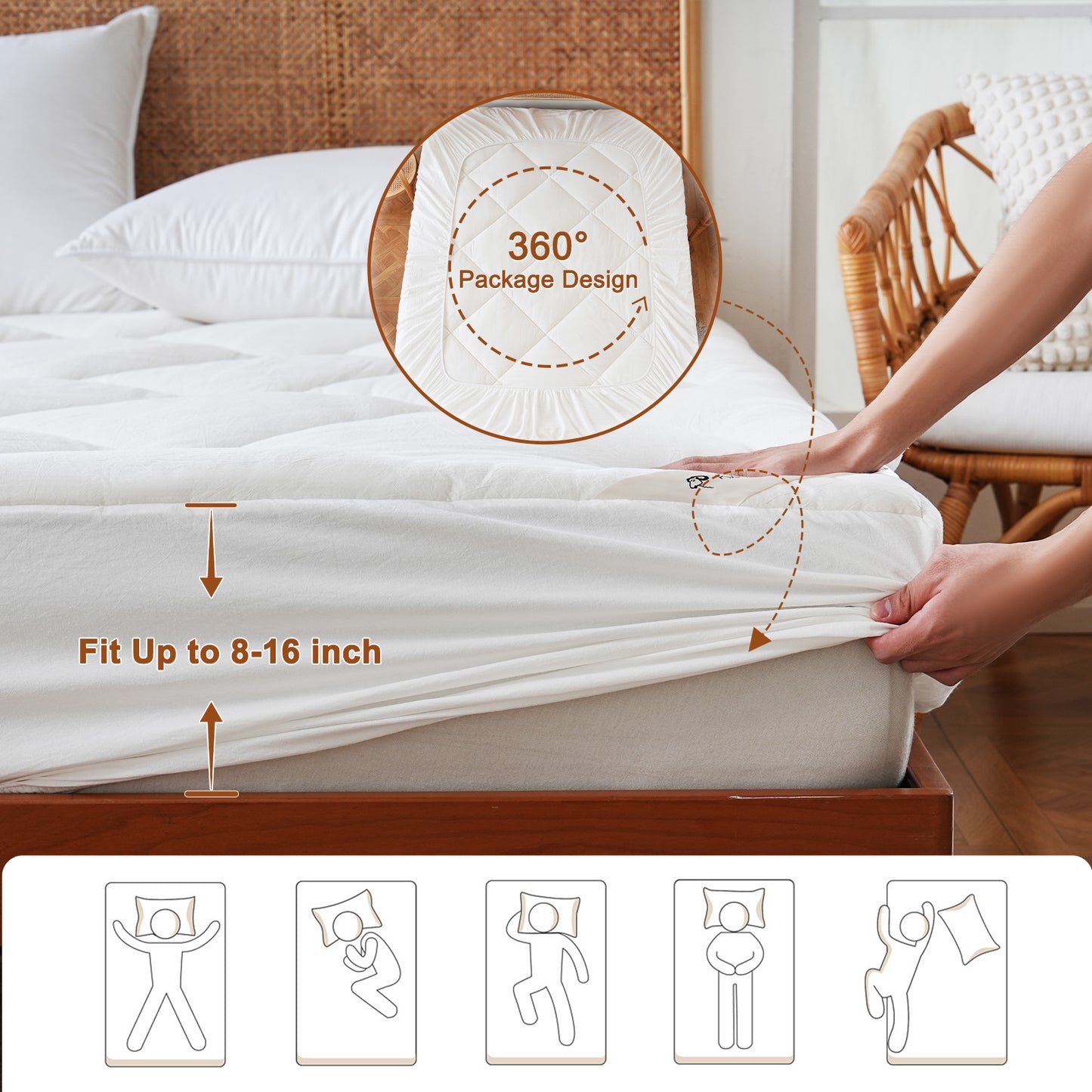 YOUR MOON 100% Wool Mattress Pad Queen, 500 GSM, White, Australian Wool Filling, Natural Cotton Cover, Quilted Mattress Pad, 16-Inch Deep Pocket, Mattress Bed Cover