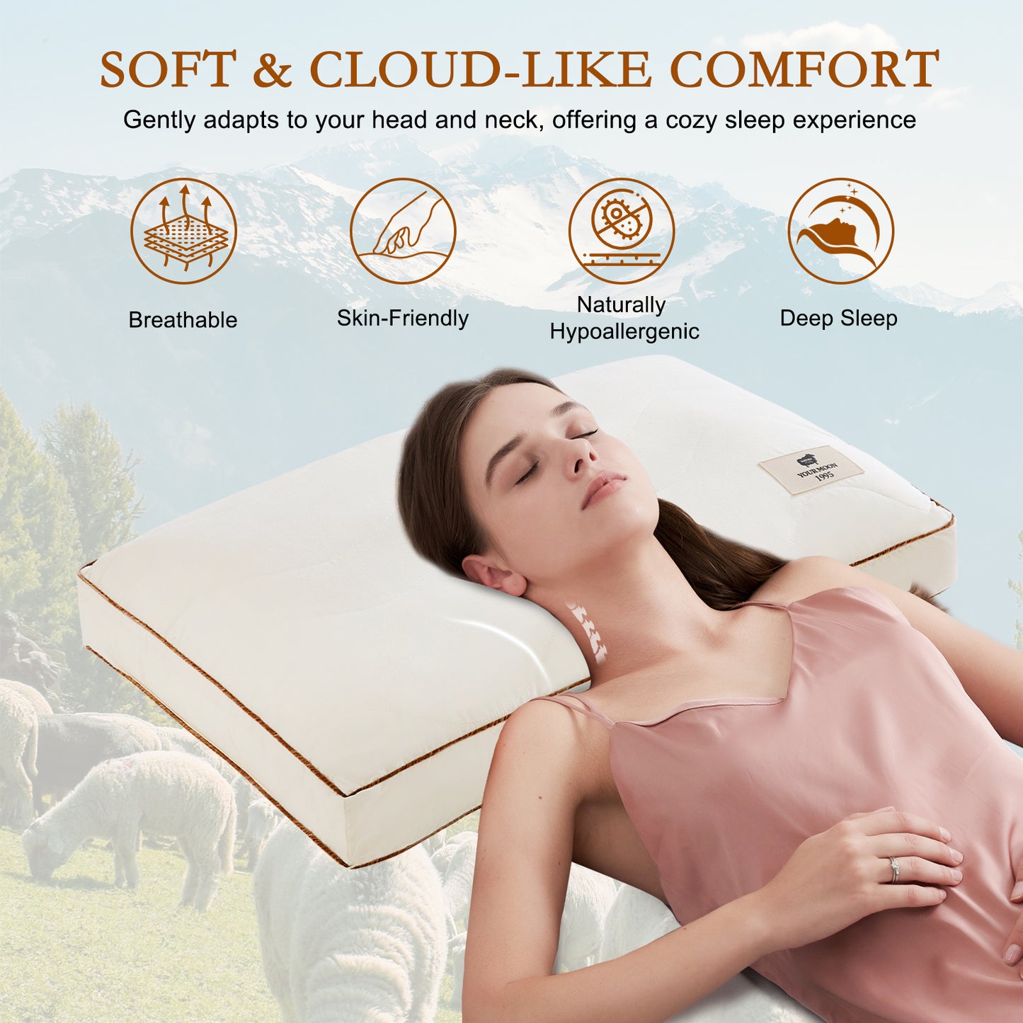YOUR MOON Support Wool Pillow Queen Size Set of 2 (Off White) Natural Premium Australian Wool & Down Alternative Filling, 100% Cotton Cover, Soft Breathable Wool Bed Pillow