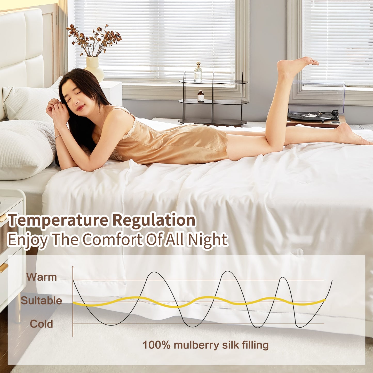 YOUR MOON Pure Mulberry Silk Comforter for All Season,100% Natural Long Strand Silk Fill Duvet, Luxury Mulberry Silk Bedding, Noiseless Smooth Jacquard Rayon Derived from Bamboo Shell