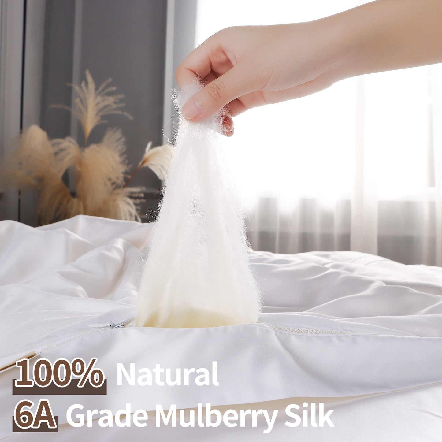 YOUR MOON Pure Mulberry Silk Comforter for All Season,100% Natural Long Strand Silk Fill Duvet, Luxury Mulberry Silk Bedding, Noiseless Smooth Jacquard Rayon Derived from Bamboo Shell