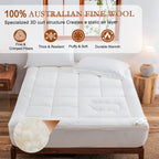 YOUR MOON 100% Wool Mattress Topper Queen, 800 GSM, White Thick Pillow Top Mattress Pad, Australian Wool, Natural Cotton Cover, 16-Inch Deep Pocket, Queen Bed Topper