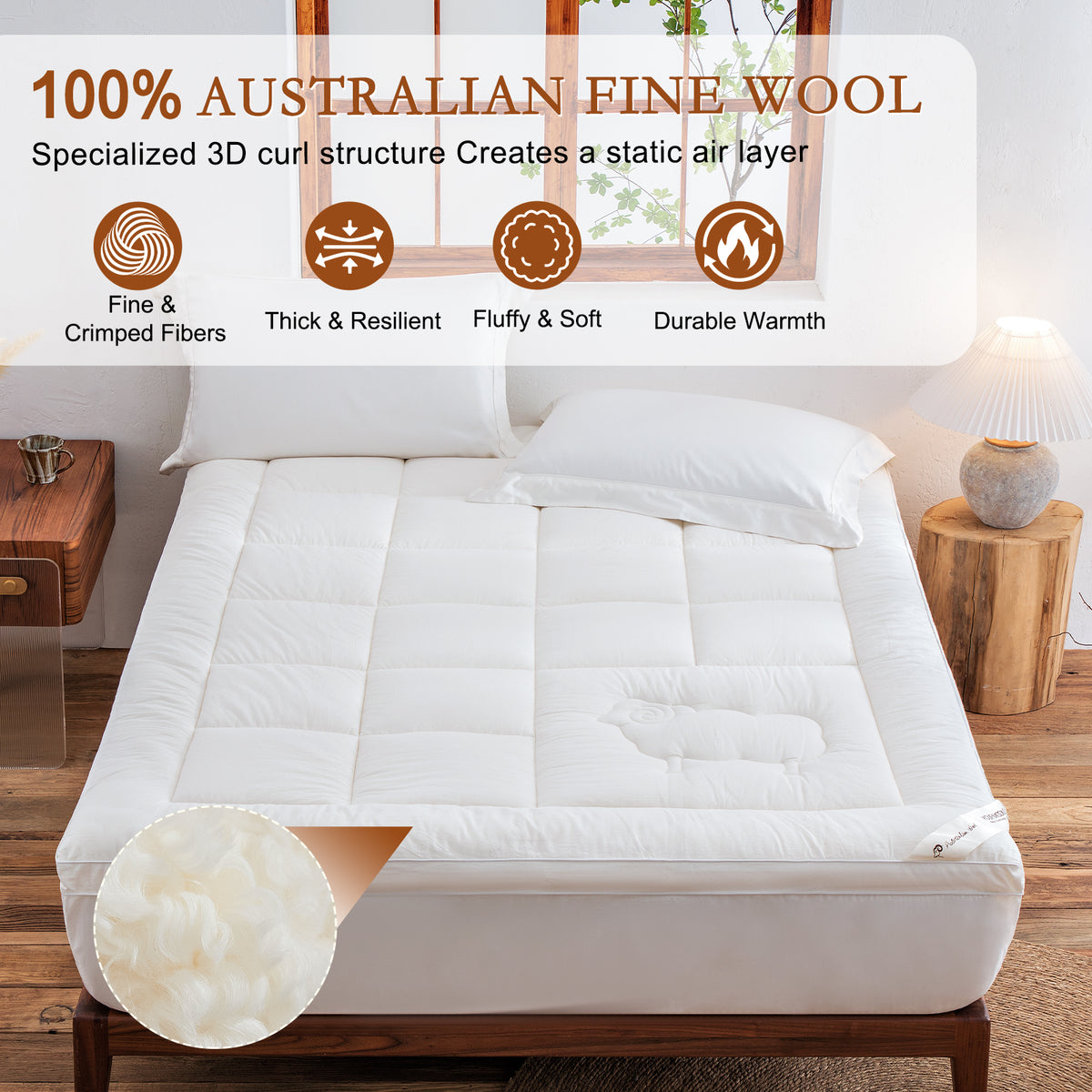 YOUR MOON 100% Wool Mattress Topper Queen, 800 GSM, White Thick Pillow Top Mattress Pad, Australian Wool, Natural Cotton Cover, 16-Inch Deep Pocket, Queen Bed Topper