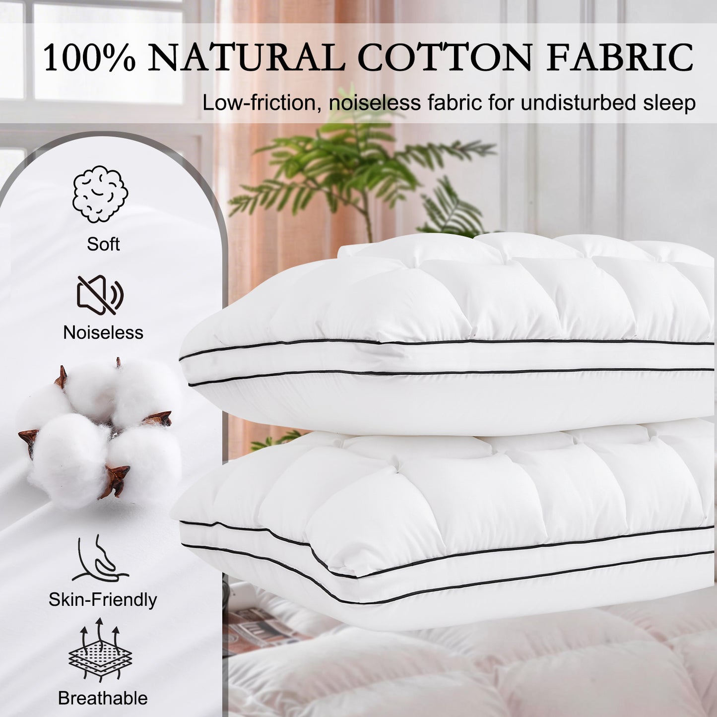 YOUR MOON Soft Support Pillow Queen Size, 100% Cotton Cover Noiseless Pillows, Fluffy Down-Alternative Pillow for Sleeping, Luxury Hotel Bed Pillows for Side Sleepers