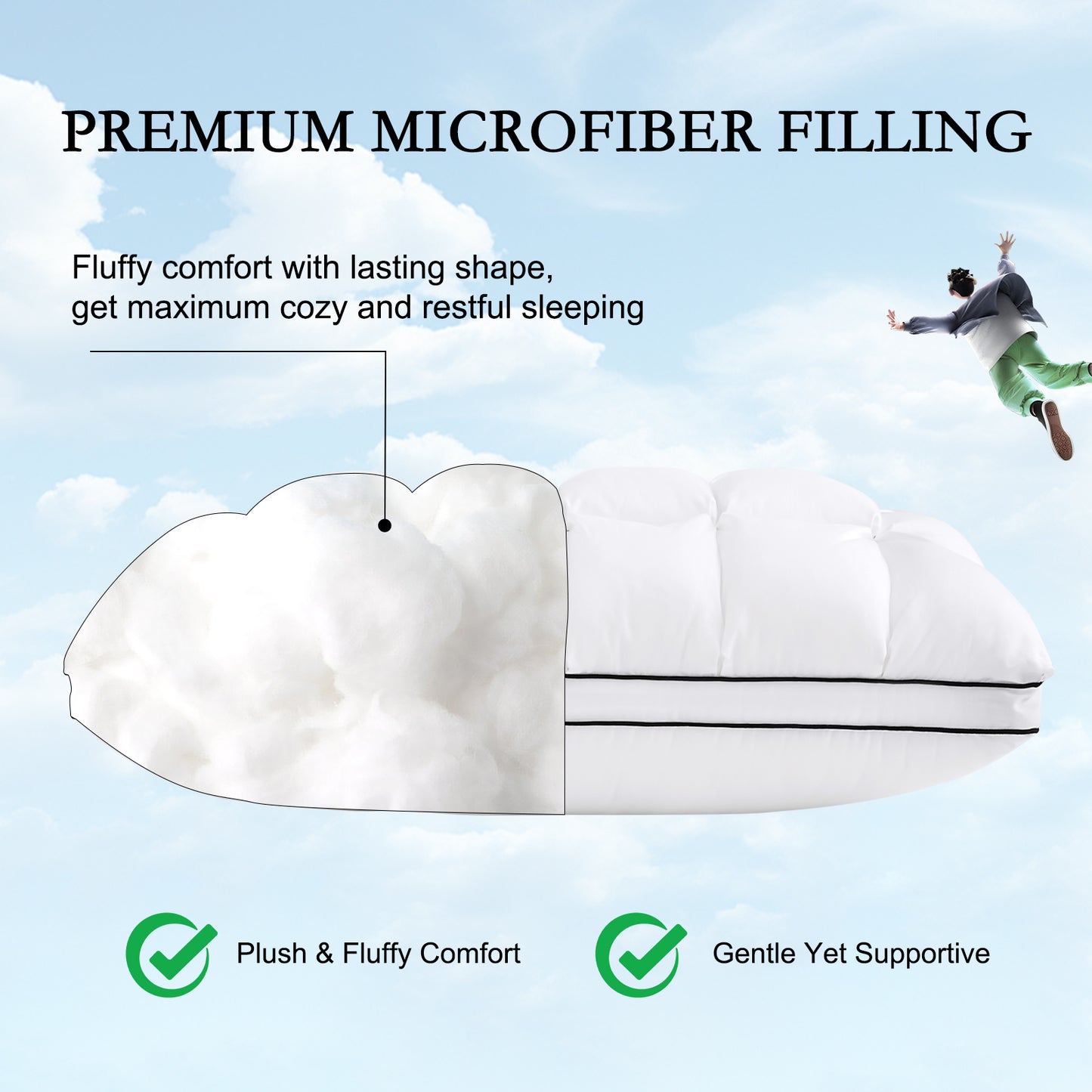 YOUR MOON Soft Support Pillow Queen Size, 100% Cotton Cover Noiseless Pillows, Fluffy Down-Alternative Pillow for Sleeping, Luxury Hotel Bed Pillows for Side Sleepers