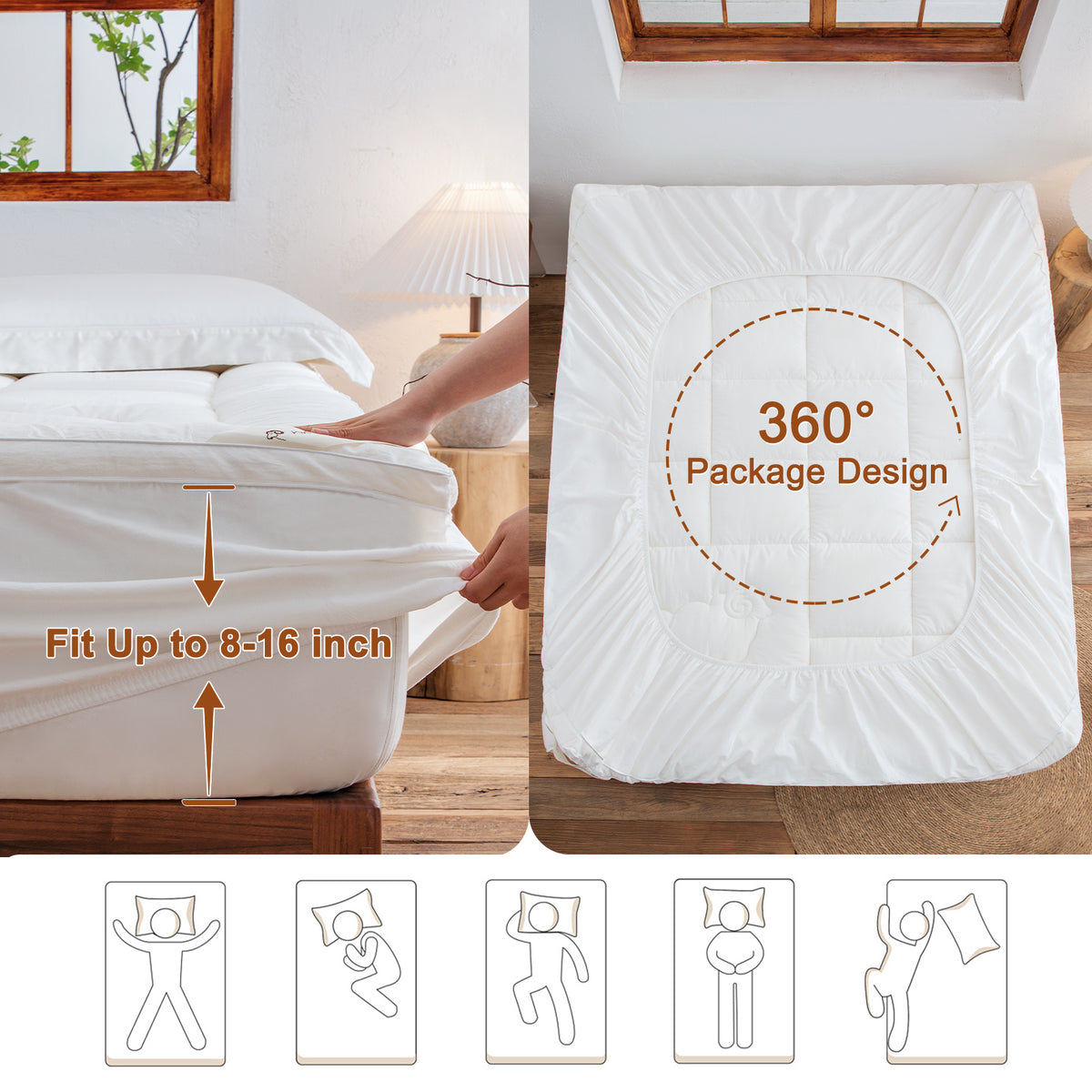 YOUR MOON 100% Wool Mattress Topper Queen, 800 GSM, White Thick Pillow Top Mattress Pad, Australian Wool, Natural Cotton Cover, 16-Inch Deep Pocket, Queen Bed Topper