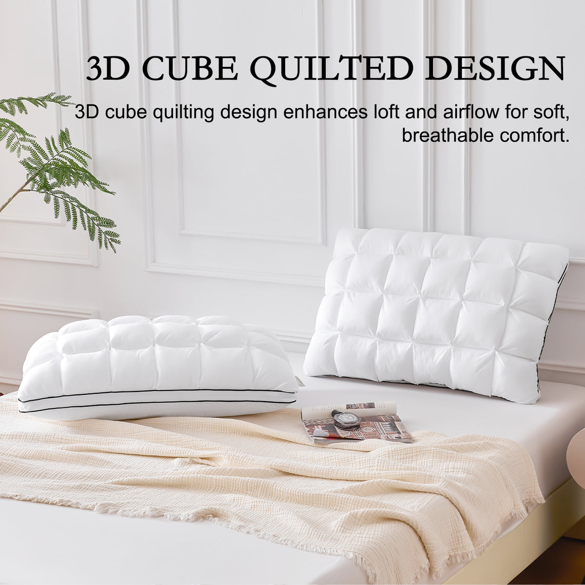 YOUR MOON Soft Support Pillow Queen Size, 100% Cotton Cover Noiseless Pillows, Fluffy Down-Alternative Pillow for Sleeping, Luxury Hotel Bed Pillows for Side Sleepers