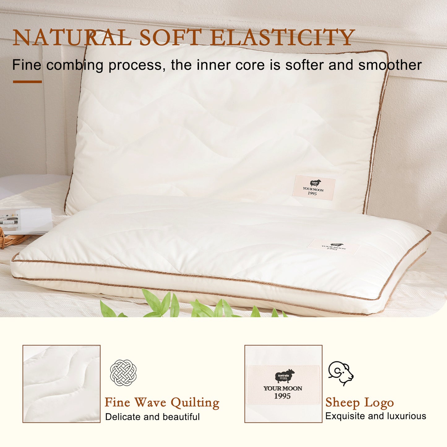 YOUR MOON Natural Wool Pillow Queen Size, Flat & Thin Wool Pillow for Sleeping, Low-Loft Bed Pillows for Back and Stomach Sleepers, Breathable Cotton Cover