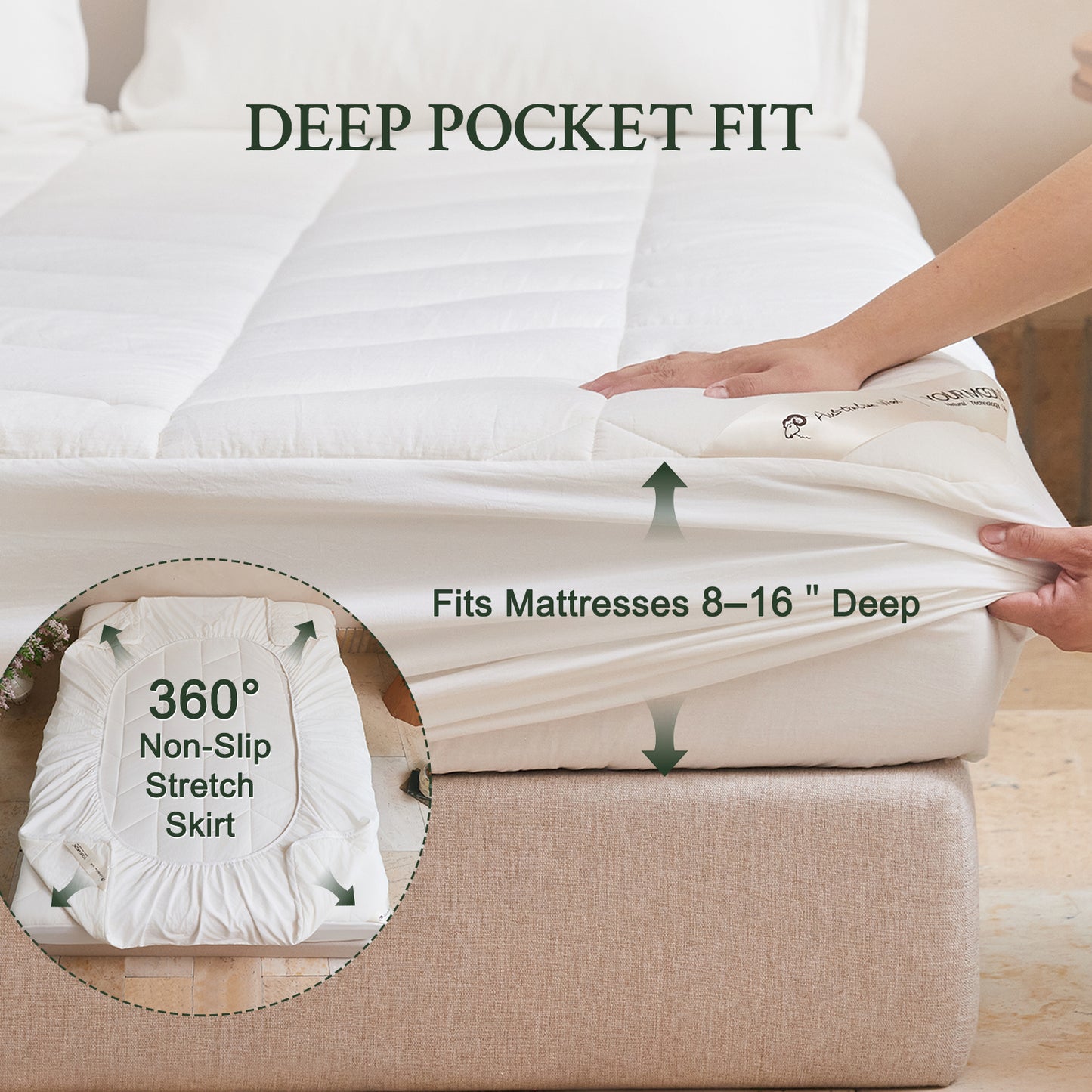 YOUR MOON Natural Wool Mattress Pad Queen Size, 100% Australian Wool Filling Mattress Topper, 560GSM Quilted Fitted Mattress Bed Cover, Breathable Cotton Cover with 16" Deep Pocket(White)