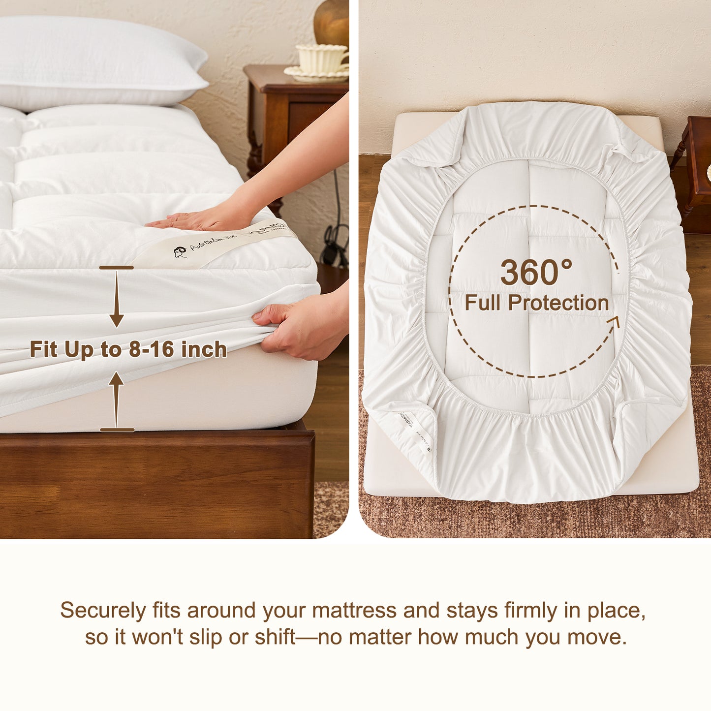 YOUR MOON Wool Mattress Pad Twin,51% Australian Wool, 500GSM-White Natural Cotton Cover, Quilted Wool Mattress Pad, Fitted Mattress Bed Cover with 16-Inch Deep Pocket