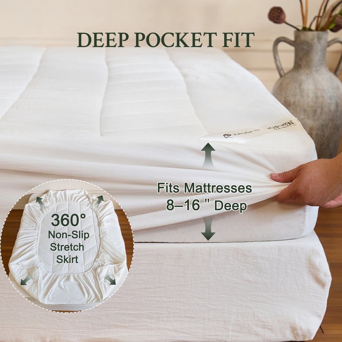 YOUR MOON Natural Wool Mattress Pad Queen Size, 100% Australian Wool Filling Mattress Topper, 200GSM Quilted Fitted Mattress Bed Cover, Breathable Cotton Cover with 16" Deep Pocket(White)