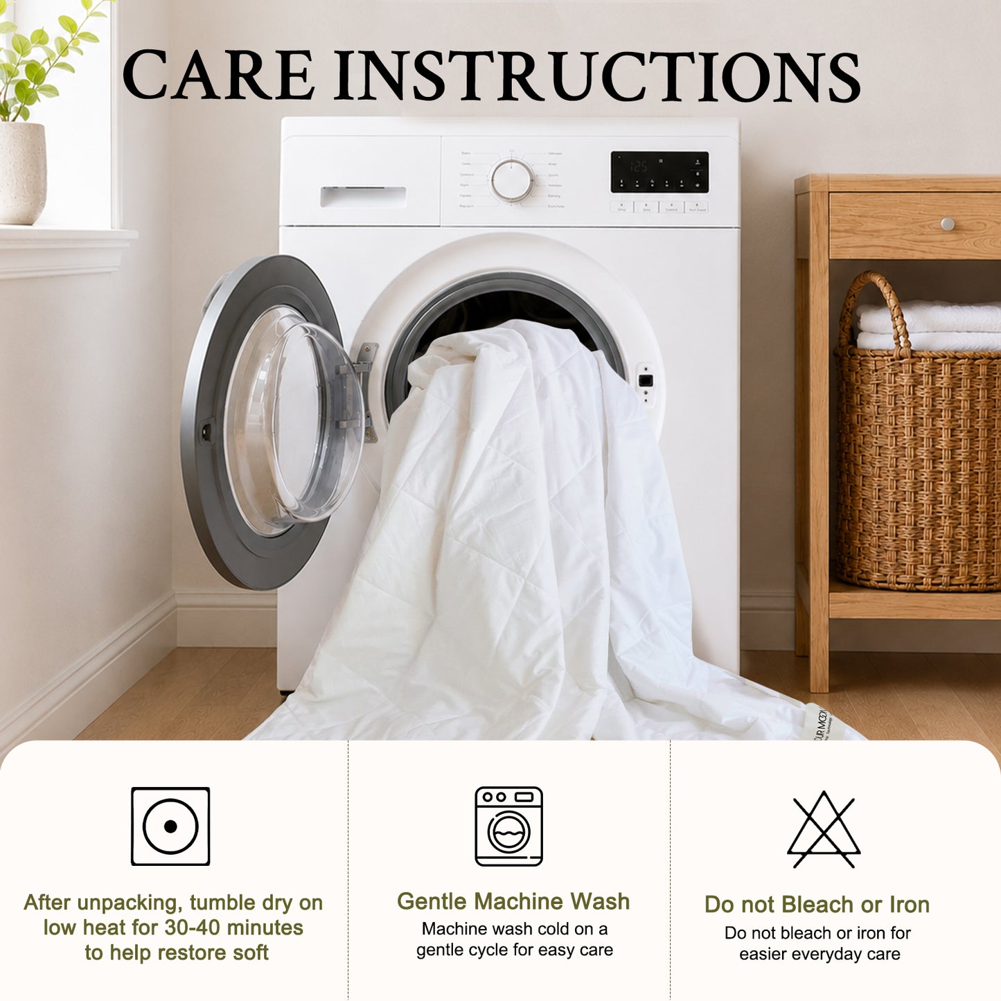 YOUR MOON Machine Washable Wool Comforter Queen, Lightweight, White 100% Australian Long-Staple Wool Filling, Quiet Cotton Shell, 100 GSM Summer-Weight Wool Duvet Insert for Hot Sleepers