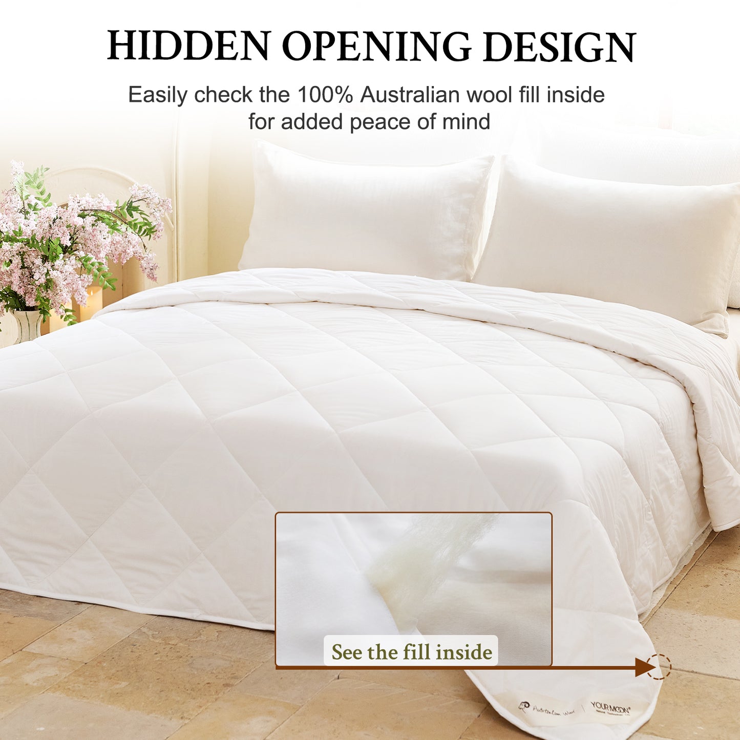 YOUR MOON Machine Washable Wool Comforter Queen, All Season, White 100% Australian Long-Staple Wool Filling, Noiseless Cotton Shell, 300 GSM Medium weight, Wool Duvet Insert for Year-Round