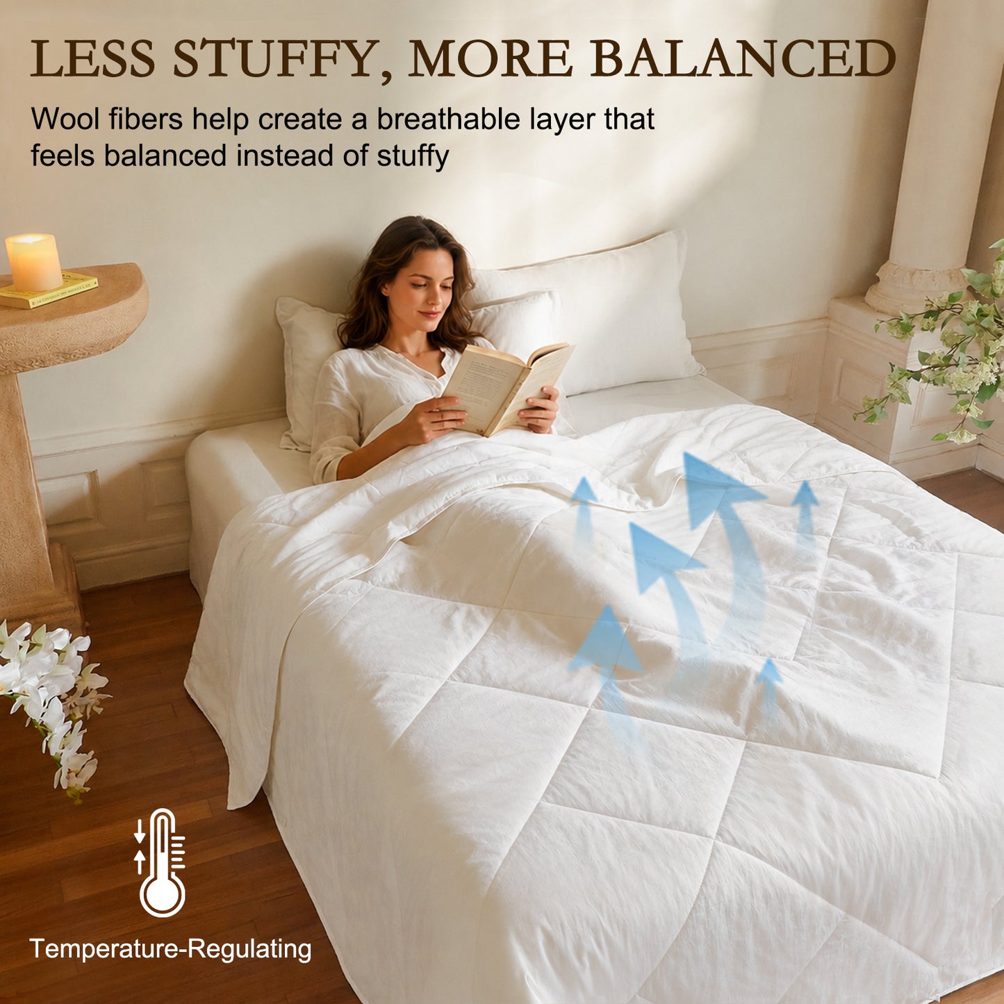 YOUR MOON Lightweight Wool Comforter Queen, Cotton Shell, White 100% Natural Australian Wool Filling, 100 GSM Summer Weight Thin Wool Duvet Insert for Warm-Weather