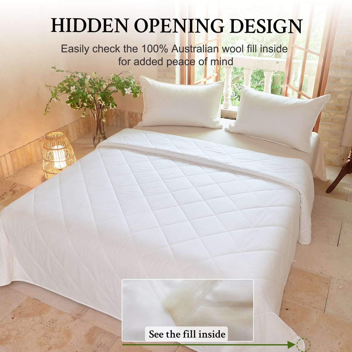 YOUR MOON Machine Washable Wool Comforter Queen, Lightweight, White 100% Australian Long-Staple Wool Filling, Quiet Cotton Shell, 100 GSM Summer-Weight Wool Duvet Insert for Hot Sleepers