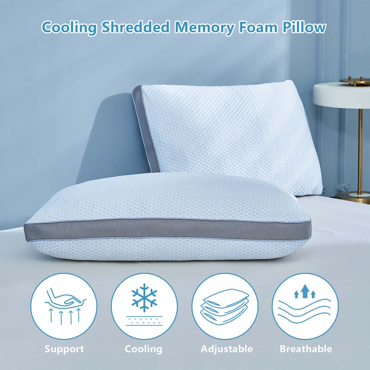 YOUR MOON Shredded Memory Foam Pillow for Sleeping Cooling Bed Pillows Standard Size, Medium Firm Pillow, Adjustable Loft Cooling Pillow for Hot Sleepers