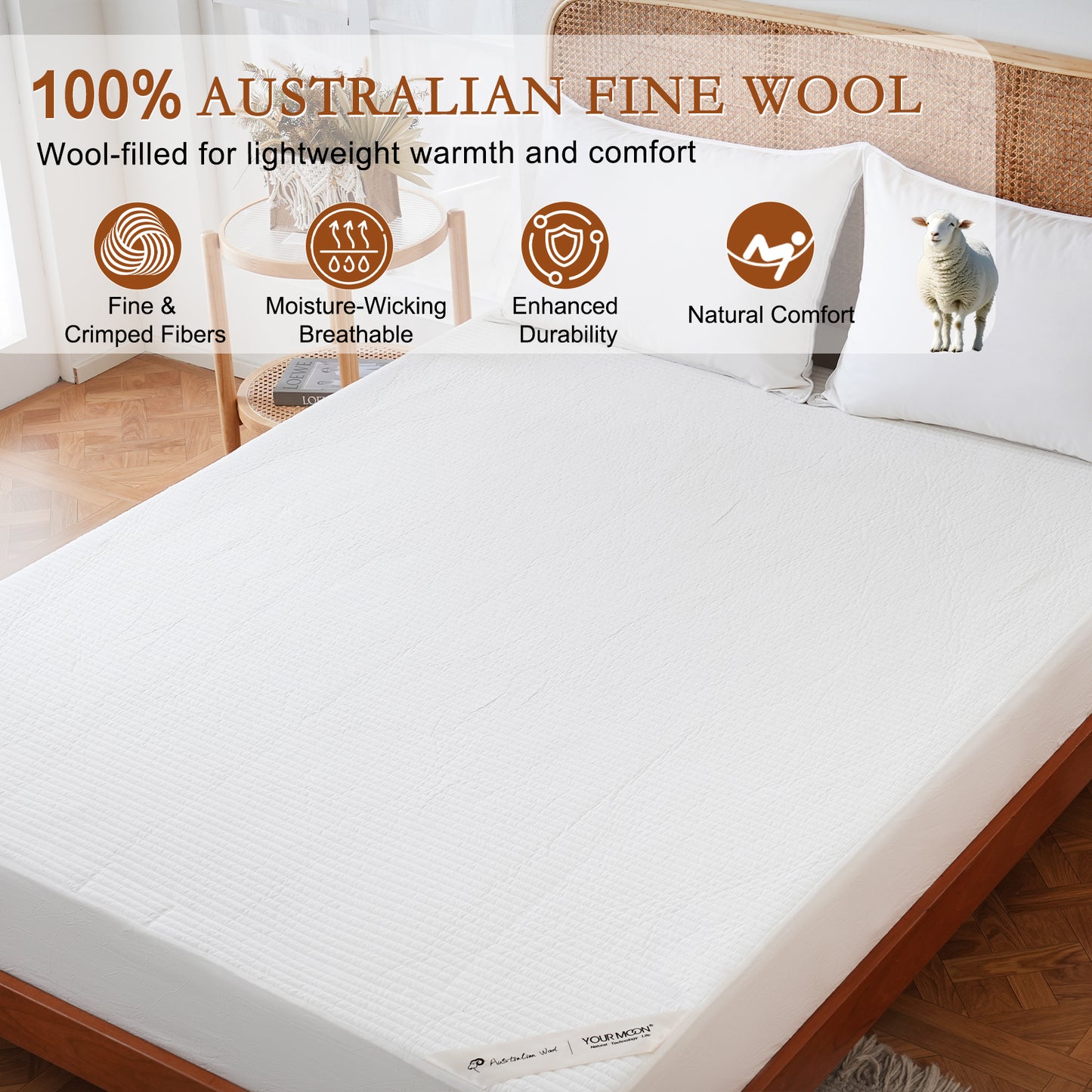 YOUR MOON 100% Wool Mattress Pad Queen, Natural Cotton Cover, White 200 GSM Australian Wool Filling, Quilted Wool Mattress Pad, Fitted Mattress Bed Cover with 16-Inch Deep Pocket