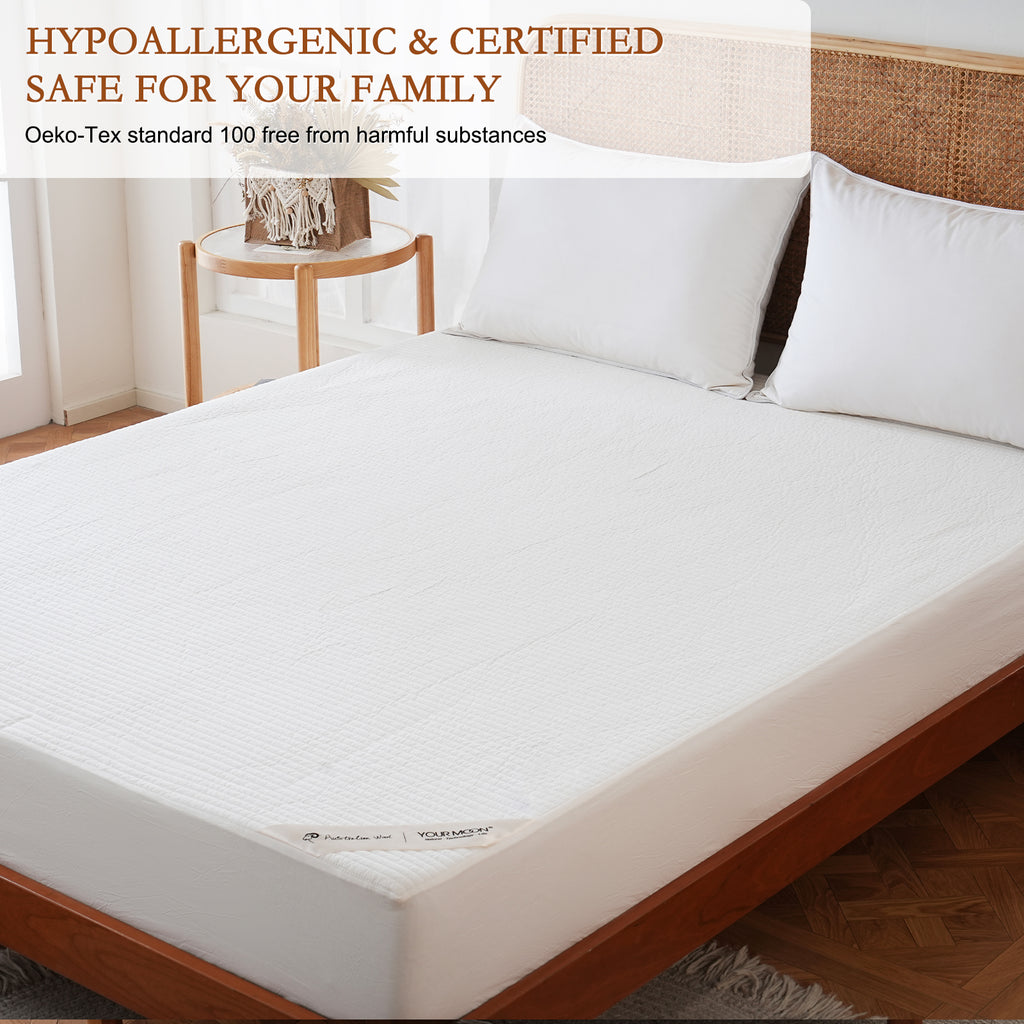 YOUR MOON 100% Wool Mattress Pad Queen, Natural Cotton Cover, White 200 GSM Australian Wool Filling, Quilted Wool Mattress Pad, Fitted Mattress Bed Cover with 16-Inch Deep Pocket