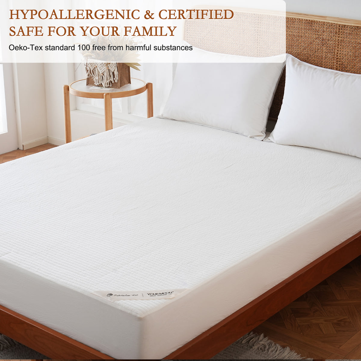 YOUR MOON 100% Wool Mattress Pad Queen, Natural Cotton Cover, White 200 GSM Australian Wool Filling, Quilted Wool Mattress Pad, Fitted Mattress Bed Cover with 16-Inch Deep Pocket