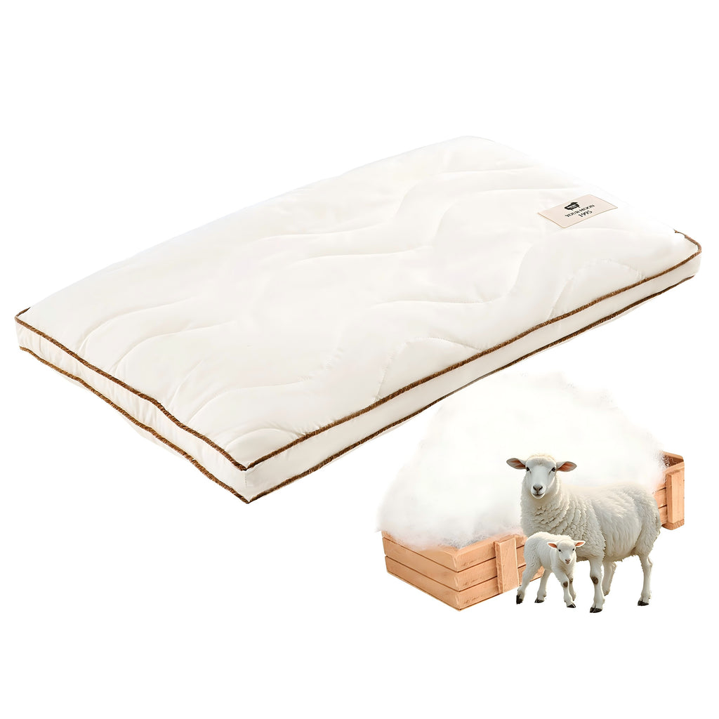 YOUR MOON Natural Wool Pillow Queen Size, Flat & Thin Wool Pillow for Sleeping, Low-Loft Bed Pillows for Back and Stomach Sleepers, Breathable Cotton Cover