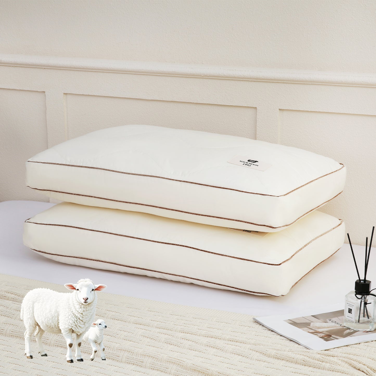 YOUR MOON Support Wool Pillow Queen Size Set of 2 (Off White) Natural Premium Australian Wool & Down Alternative Filling, 100% Cotton Cover, Soft Breathable Wool Bed Pillow