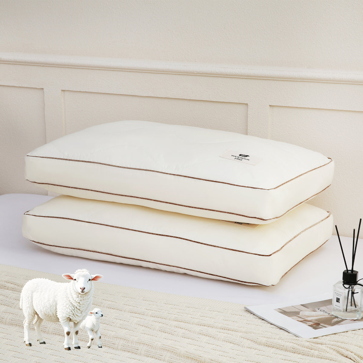 YOUR MOON Support Wool Pillow Queen Size Set of 2 (Off White) Natural Premium Australian Wool & Down Alternative Filling, 100% Cotton Cover, Soft Breathable Wool Bed Pillow