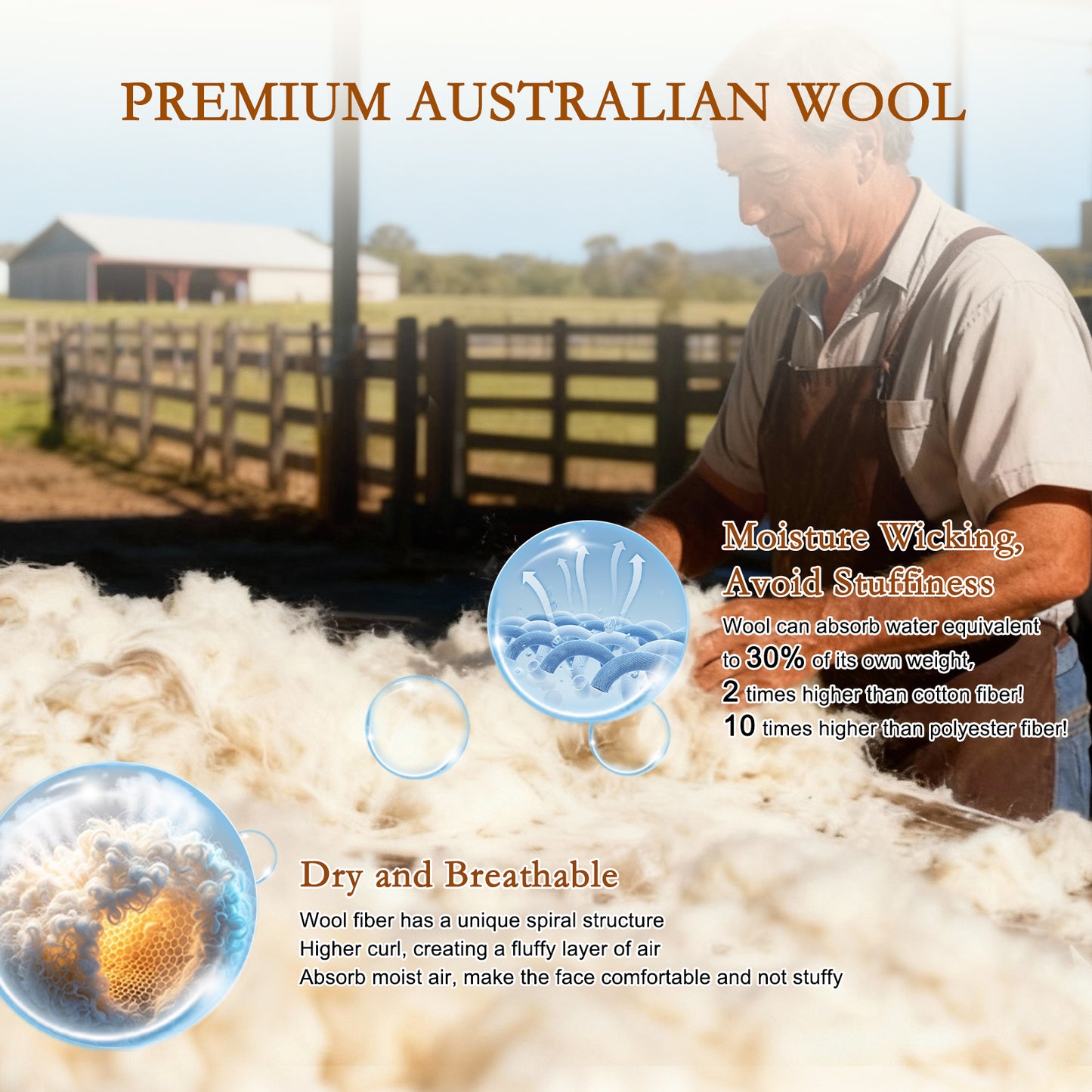 YOUR MOON Support Wool Pillow Queen Size Set of 2 (Off White) Natural Premium Australian Wool & Down Alternative Filling, 100% Cotton Cover, Soft Breathable Wool Bed Pillow