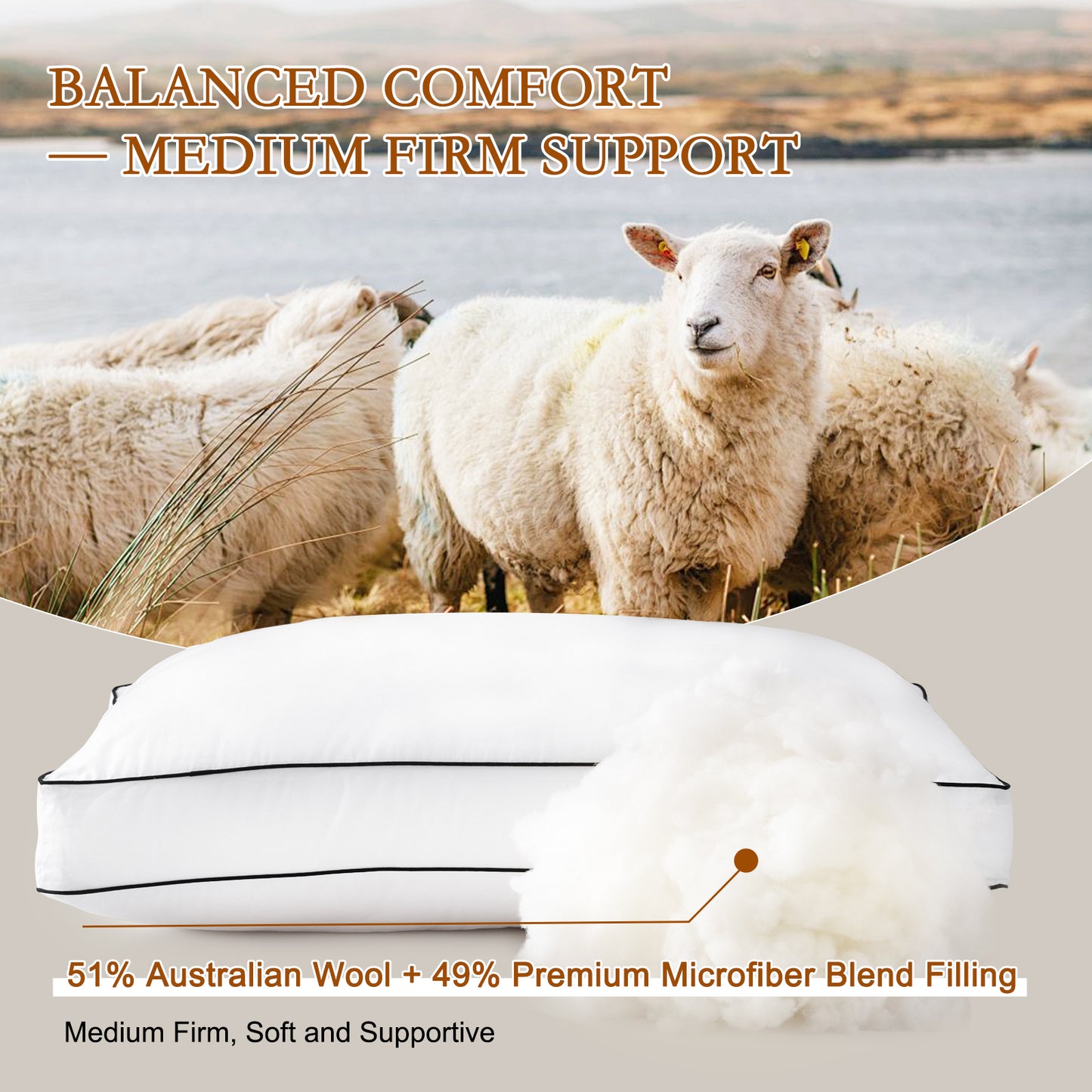 YOUR MOON Natural Soft Wool Pillow Queen Size, Fluffy Thick Australian Wool & Down Alternative Pillow for Sleeping, 100% Cotton Cover, Support Gusseted Bed Pillows for Side Sleeper