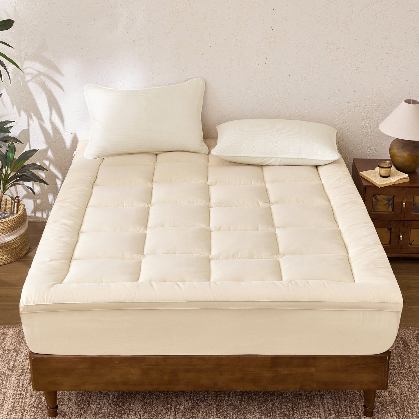 YOUR MOON Wool Mattress Topper Queen, 51% Australian Wool, 800GSM-Off White Natural Cotton Cover, Quilted Wool Mattress Pad, Fitted Mattress Bed Cover with 16-Inch Deep Pocket