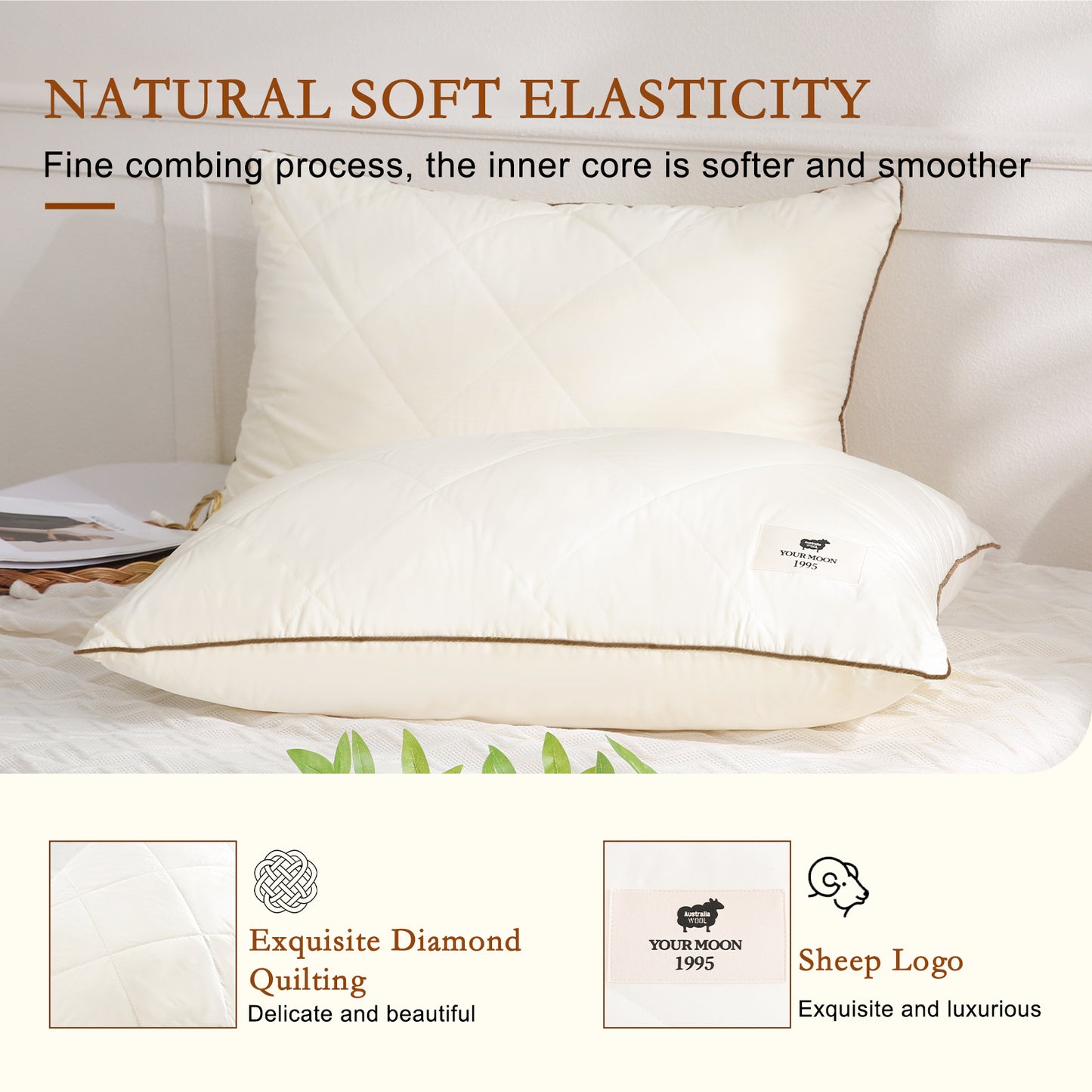 YOUR MOON Soft Natural Wool Pillow Queen Size, Fluffy Down Alternative Pillows for Side Sleeper, Support Gusseted Bed Pillow for Sleeping, 100% Cotton Cover