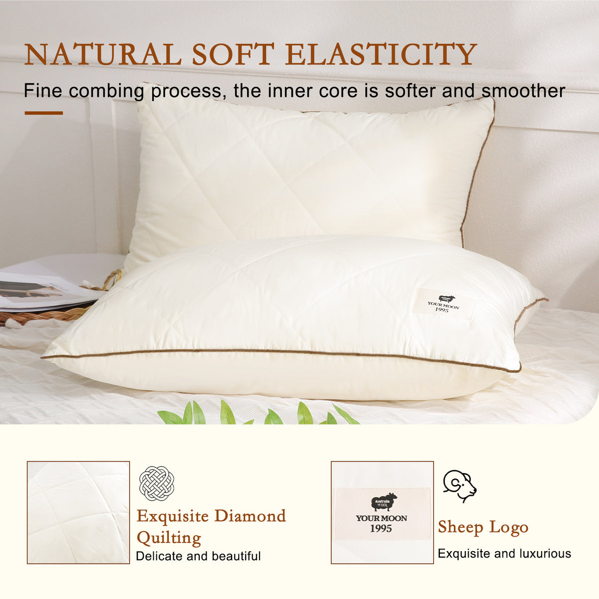 YOUR MOON Soft Natural Wool Pillow Queen Size, Fluffy Down Alternative Pillows for Side Sleeper, Support Gusseted Bed Pillow for Sleeping, 100% Cotton Cover