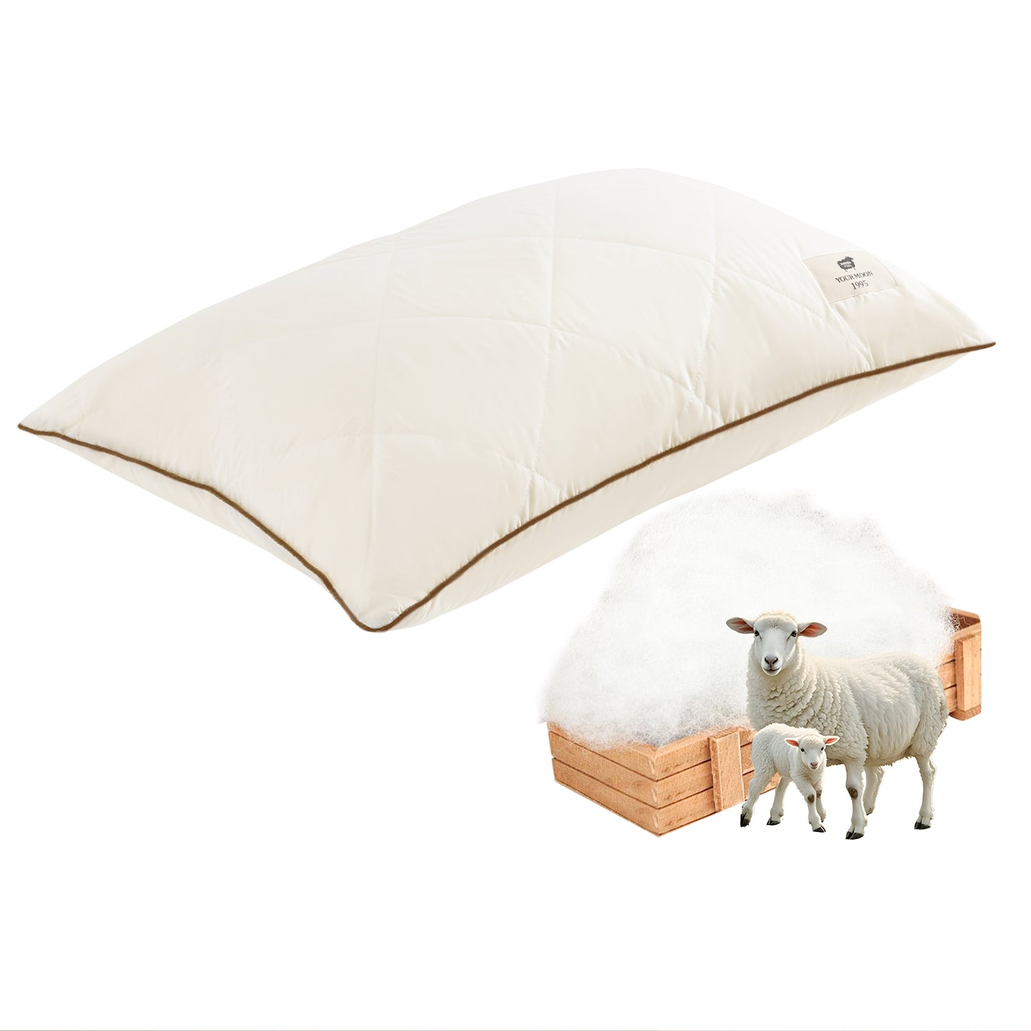 YOUR MOON Soft Natural Wool Pillow Queen Size, Fluffy Down Alternative Pillows for Side Sleeper, Support Gusseted Bed Pillow for Sleeping, 100% Cotton Cover