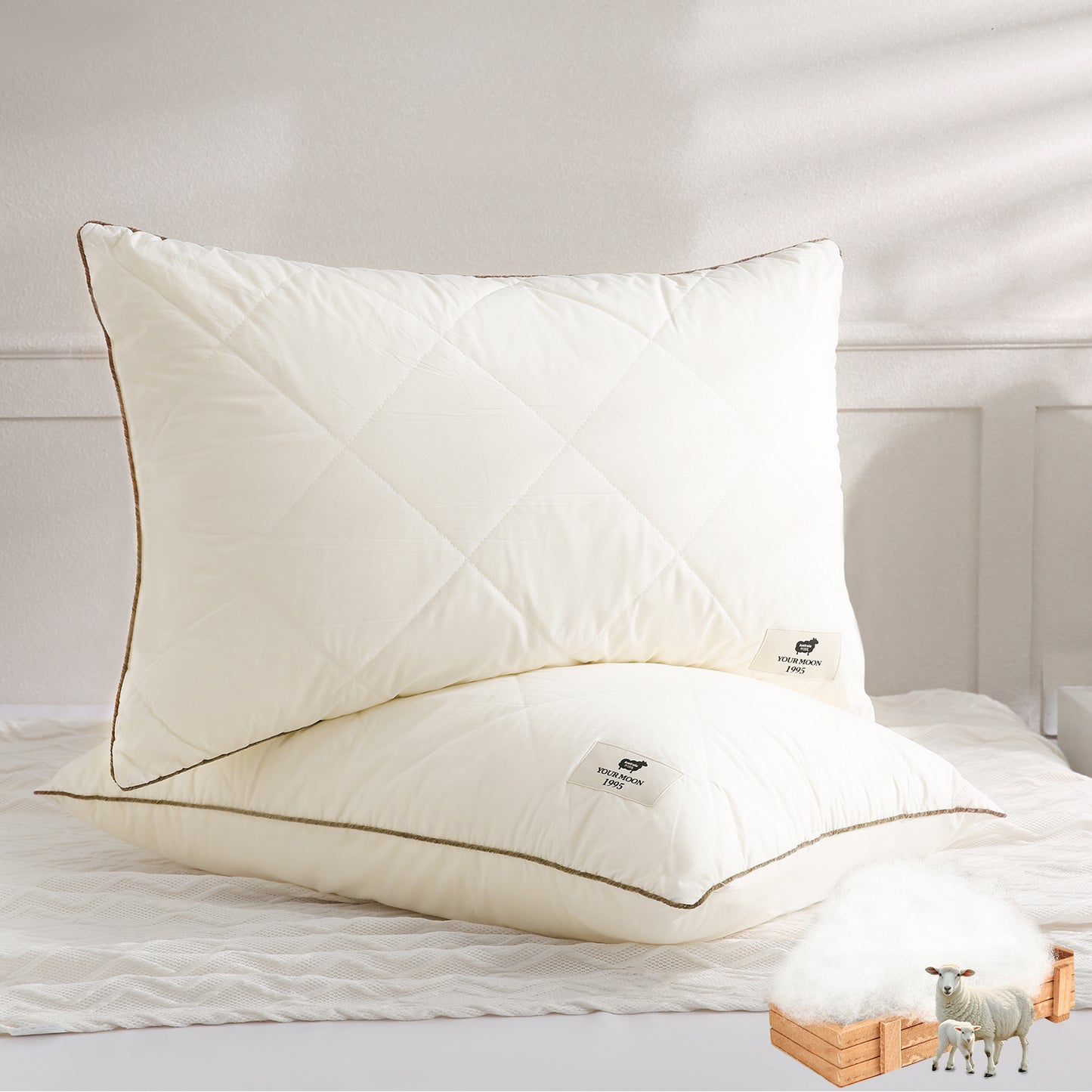 YOUR MOON Soft Natural Wool Pillow Queen Size, Fluffy Down Alternative Pillows for Side Sleeper, Support Gusseted Bed Pillow for Sleeping, 100% Cotton Cover