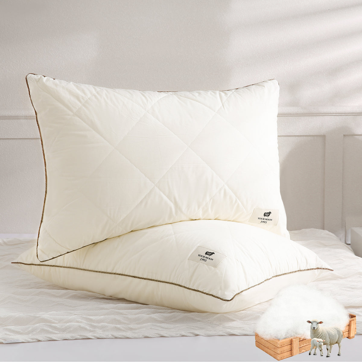 YOUR MOON Soft Natural Wool Pillow Queen Size, Fluffy Down Alternative Pillows for Side Sleeper, Support Gusseted Bed Pillow for Sleeping, 100% Cotton Cover