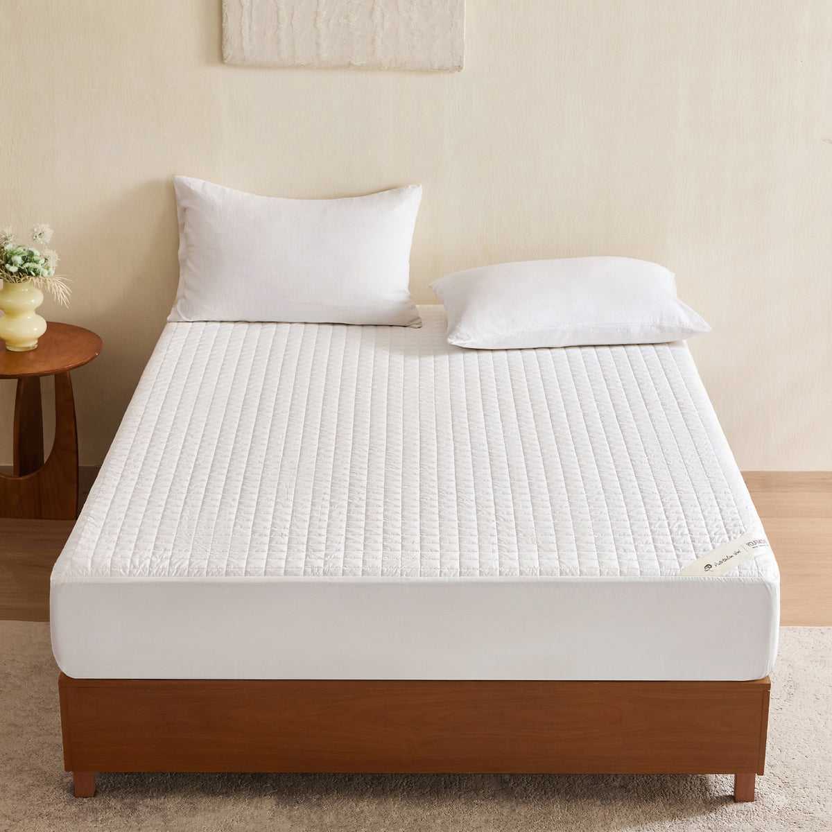 YOUR MOON 100% Washable Wool Mattress Pad, Checkered White 100% Natural Australian Wool Filling, Breathable Cotton Cover, 200GSM Quilted Fitted Mattress Bed Cover