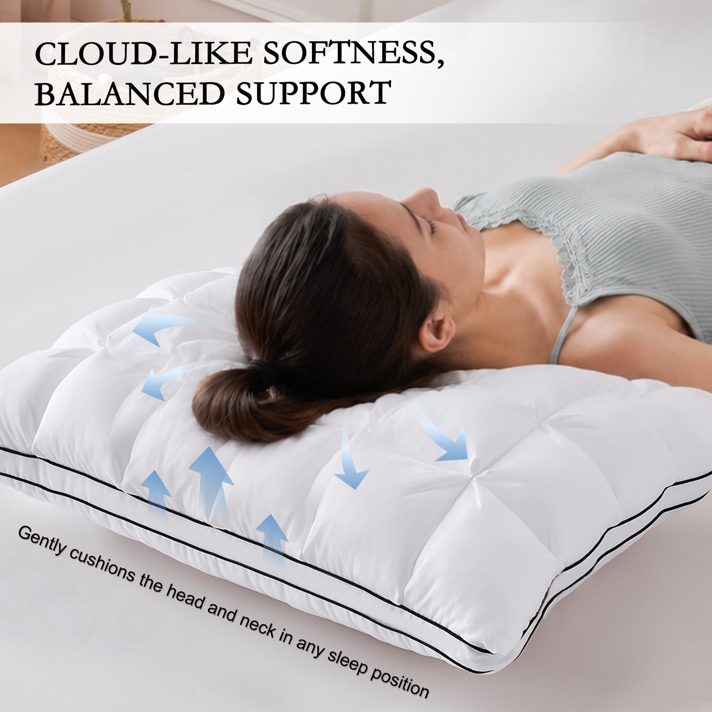 YOUR MOON Soft Support Pillow Queen Size, 100% Cotton Cover Noiseless Pillows, Fluffy Down-Alternative Pillow for Sleeping, Luxury Hotel Bed Pillows for Side Sleepers
