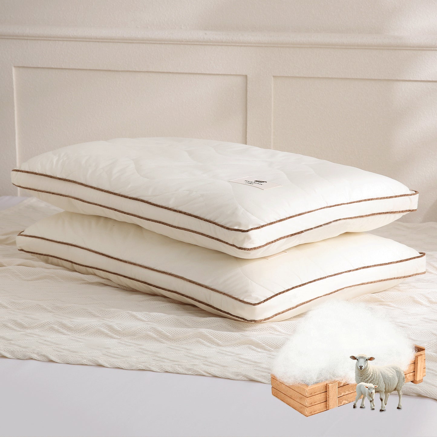 YOUR MOON Natural Wool Pillow Queen Size, Flat & Thin Wool Pillow for Sleeping, Low-Loft Bed Pillows for Back and Stomach Sleepers, Breathable Cotton Cover