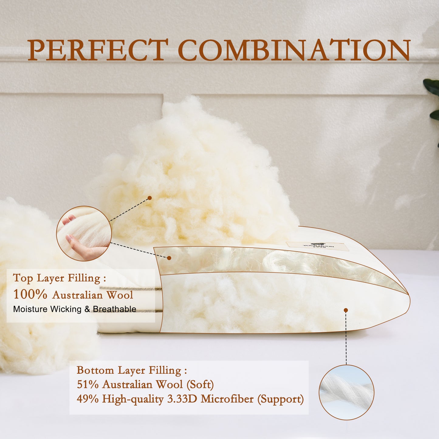 YOUR MOON Natural Wool Pillow Queen Size, Flat & Thin Wool Pillow for Sleeping, Low-Loft Bed Pillows for Back and Stomach Sleepers, Breathable Cotton Cover
