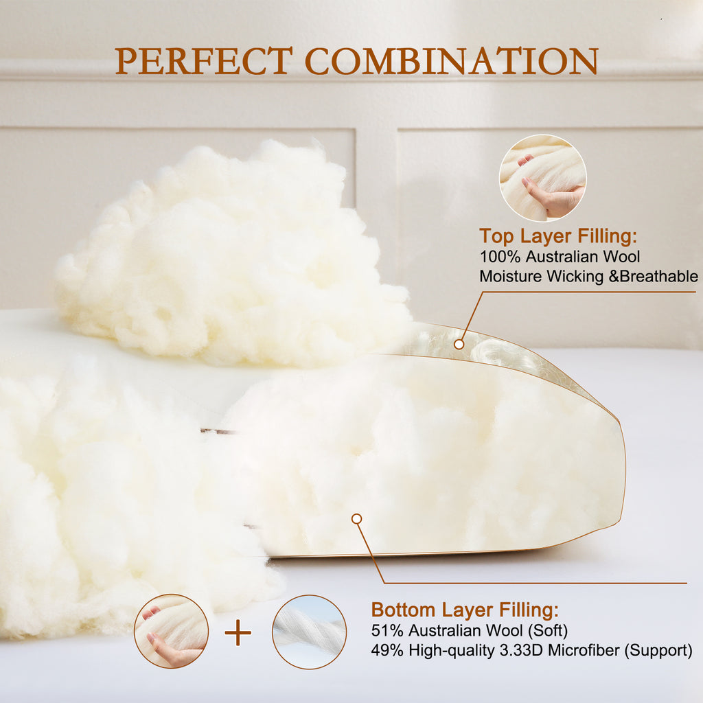 YOUR MOON Support Wool Pillow Queen Size Set of 2 (Off White) Natural Premium Australian Wool & Down Alternative Filling, 100% Cotton Cover, Soft Breathable Wool Bed Pillow