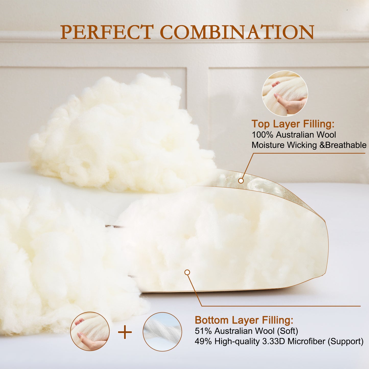 YOUR MOON Support Wool Pillow Queen Size Set of 2 (Off White) Natural Premium Australian Wool & Down Alternative Filling, 100% Cotton Cover, Soft Breathable Wool Bed Pillow