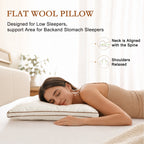 YOUR MOON Natural Wool Pillow Queen Size, Flat & Thin Wool Pillow for Sleeping, Low-Loft Bed Pillows for Back and Stomach Sleepers, Breathable Cotton Cover