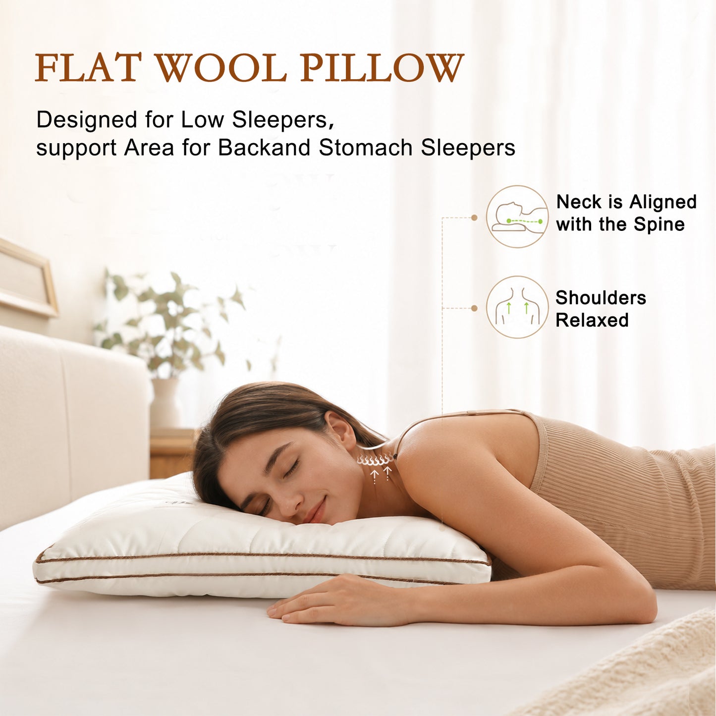 YOUR MOON Natural Wool Pillow Queen Size, Flat & Thin Wool Pillow for Sleeping, Low-Loft Bed Pillows for Back and Stomach Sleepers, Breathable Cotton Cover
