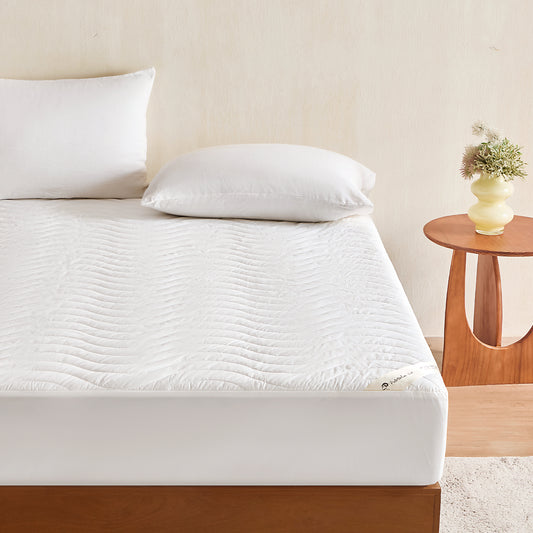 YOUR MOON 100% Washable Wool Mattress Pad, Wavy White 100% Natural Australian Wool Filling, Breathable Cotton Cover, 200GSM Quilted Fitted Mattress Bed Cover