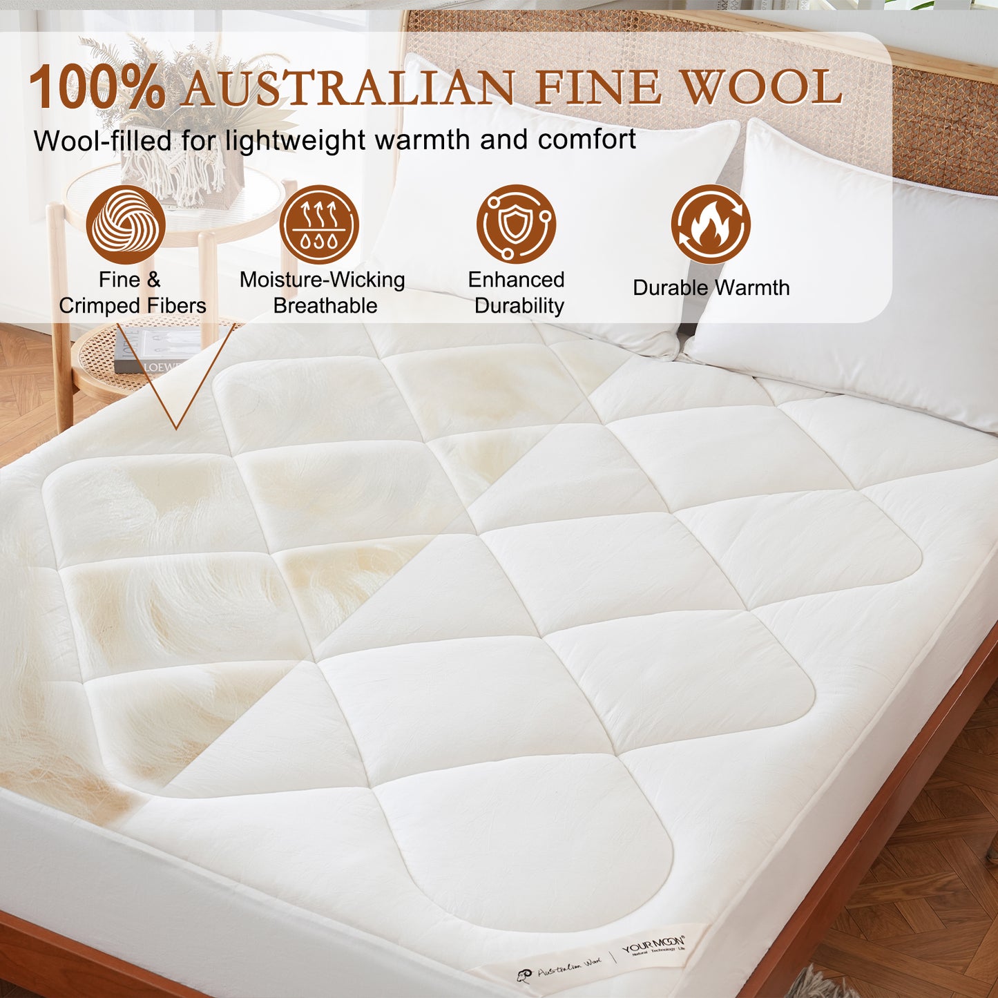YOUR MOON 100% Wool Mattress Pad Queen, 500 GSM, White, Australian Wool Filling, Natural Cotton Cover, Quilted Mattress Pad, 16-Inch Deep Pocket, Mattress Bed Cover