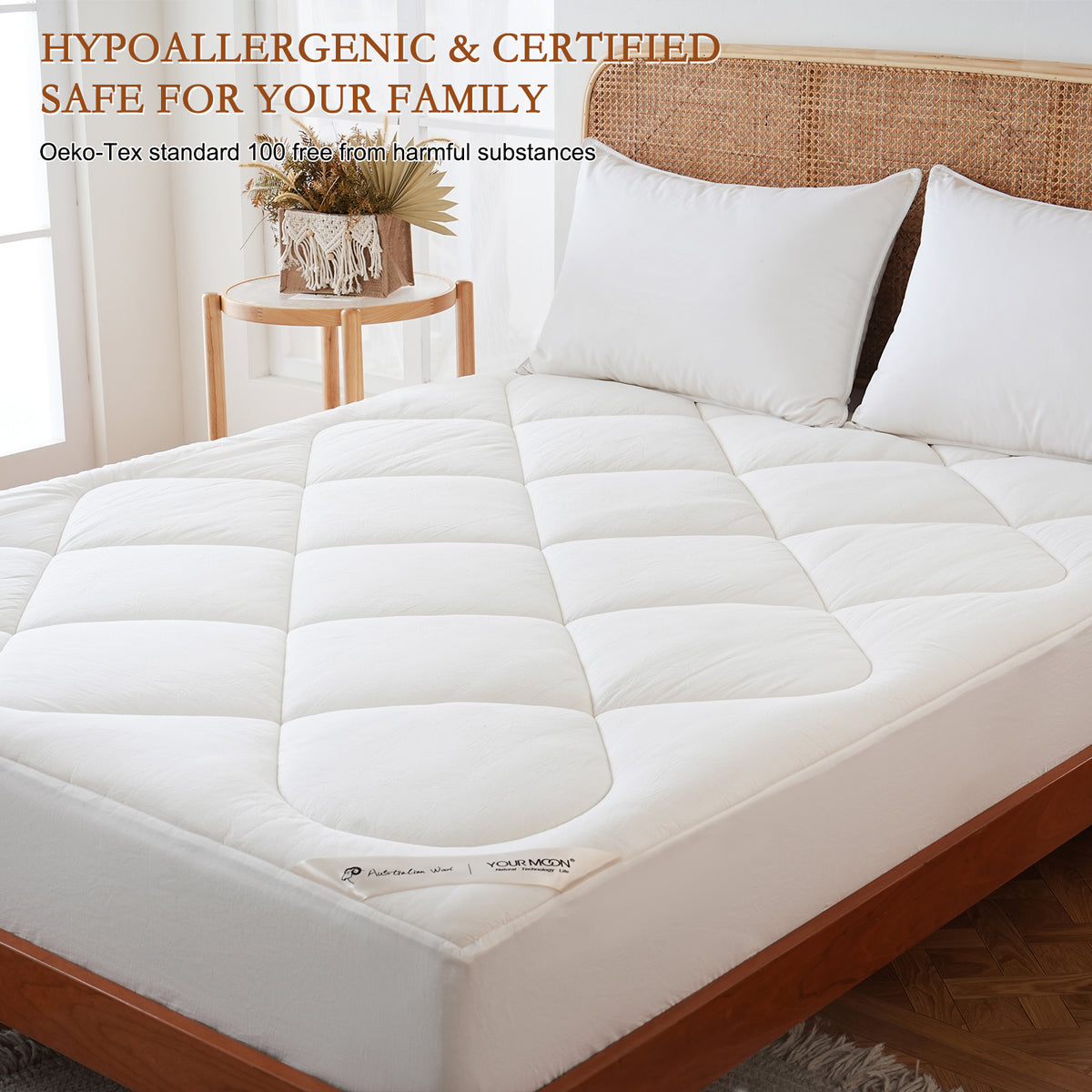 YOUR MOON 100% Wool Mattress Pad Queen, 500 GSM, White, Australian Wool Filling, Natural Cotton Cover, Quilted Mattress Pad, 16-Inch Deep Pocket, Mattress Bed Cover