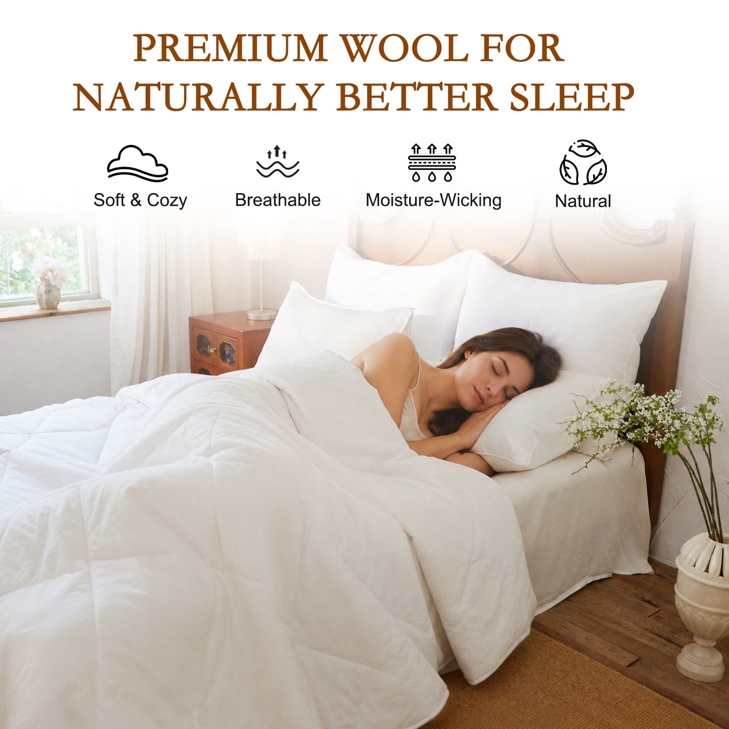 YOUR MOON All Season Wool Comforter Queen Size, Cotton Shell, White 100% Australian Wool Filling, 300 GSM Medium Weight, Soft Breathable Wool Duvet Insert for Year-Round Use, 90 x 90 in