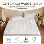YOUR MOON Natural Wool Mattress Pad Queen Size, 100% Australian Wool Filling Mattress Topper, 200GSM Quilted Fitted Mattress Bed Cover, Breathable Cotton Cover with 16" Deep Pocket(White)