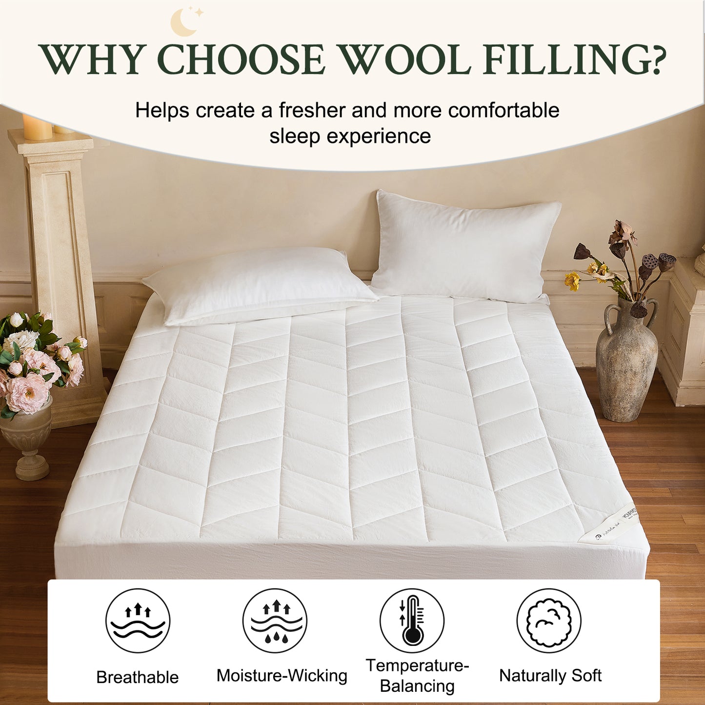 YOUR MOON Natural Wool Mattress Pad Queen Size, 100% Australian Wool Filling Mattress Topper, 200GSM Quilted Fitted Mattress Bed Cover, Breathable Cotton Cover with 16" Deep Pocket(White)